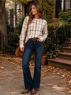 LOFT XS Plaid Wool Blend Sweater Ivory Pink Brown Windowpane Crewneck